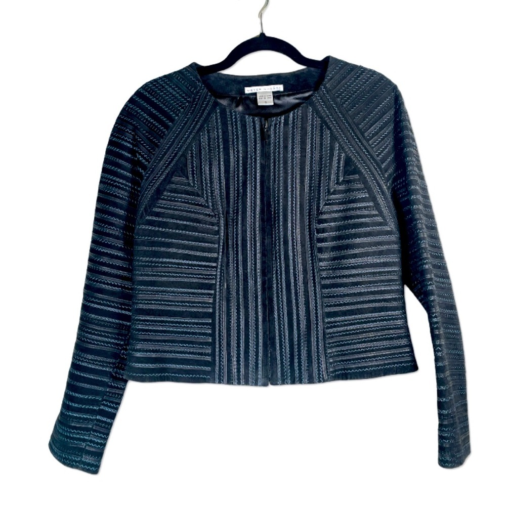 PETER NYGARD Suede Leather Jacket Blazer Crop Sz 8 Textured Black Zip Up